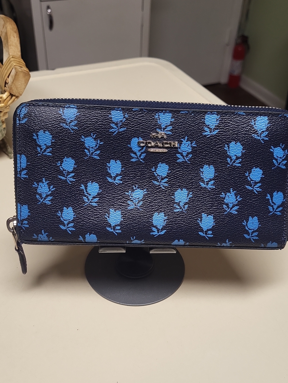 COACH Navy Blue Wallet with Bright Blue Floral Print